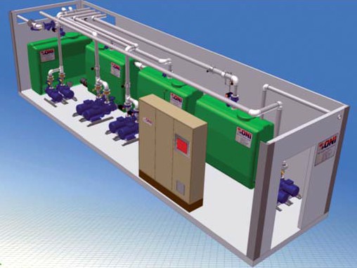 Příklad trojrozměrného zobrazení dvouokruhového chladicího systému ve fázi návrhu, konstruovaného jako modulární energetická centrála Příklad trojrozměrného zobrazení dvouokruhového chladicího systému ve fázi návrhu, konstruovaného jako modulární energetická centrála