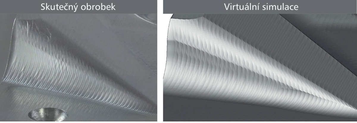 Obr. 5: Výsledky simulací virtuálního obrábní (vpravo) vrohodn zachycují stopy nástroje pi skuteném obrábní (vlevo)