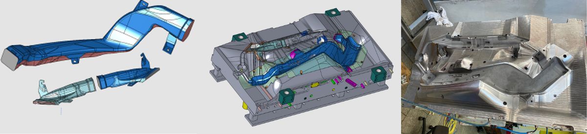 Uk&aacute;zka z projektu vyfukovac&iacute; formy na tři různ&eacute; d&iacute;ly zpracovan&eacute; v CAD/CAM Cimatron.